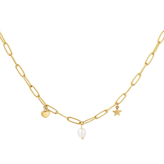 Schakelketting met hart, parel en ster bedel
