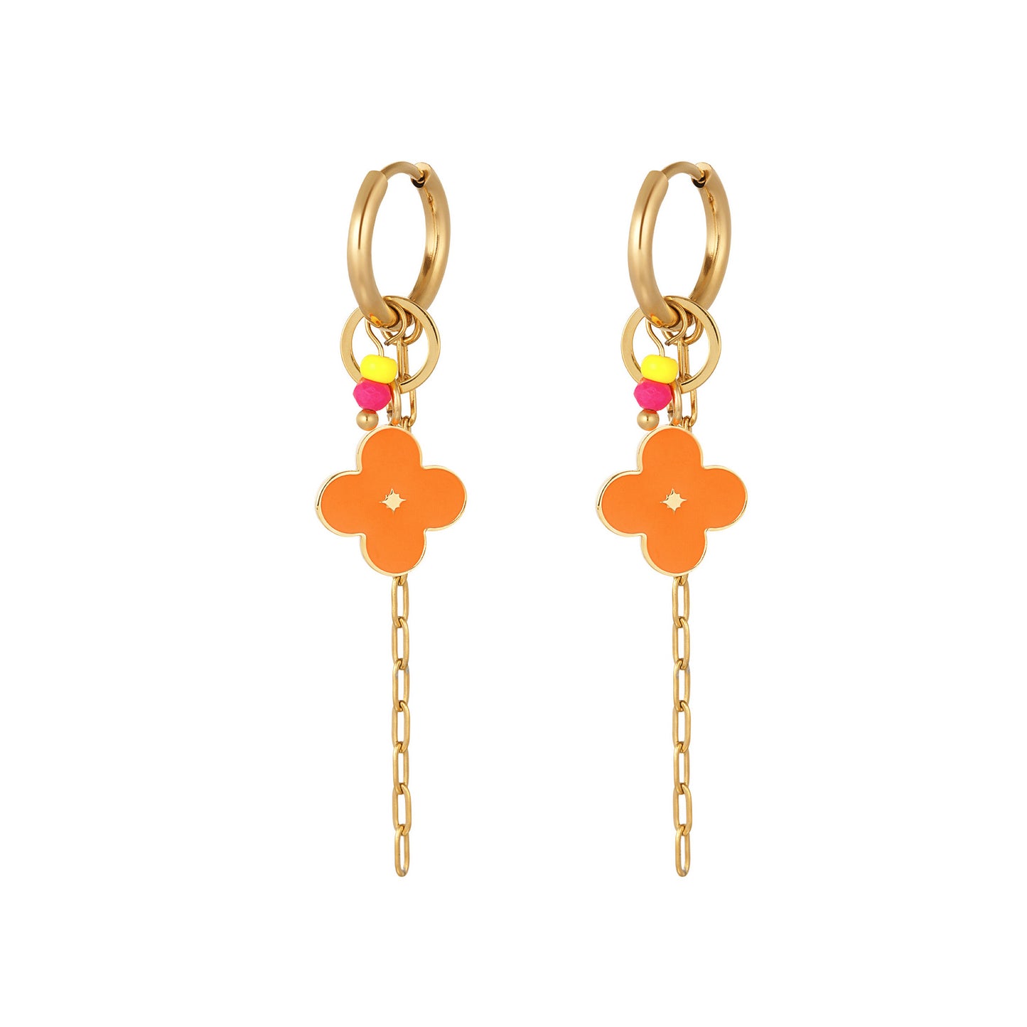 Oorbellen met klaver en ketting oranje